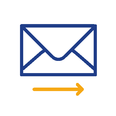 A blue outline of an envelope with a yellow arrow pointing to the right underneath, symbolizing sending an email or message.