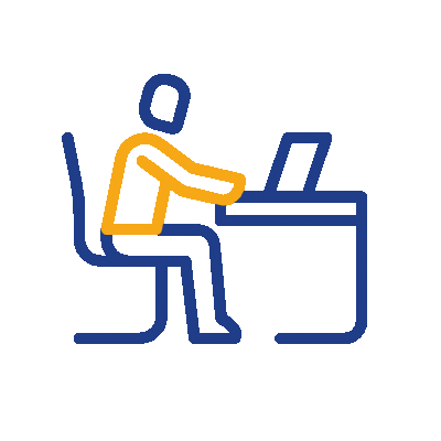 Animated illustration of a person sitting at a desk and slumping forward with poor posture while using a computer, shown in simple blue and yellow line art.