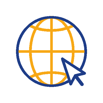 A simple icon of a globe with orange latitude and longitude lines, outlined in blue, and a blue computer mouse cursor pointing toward the lower right side of the globe.