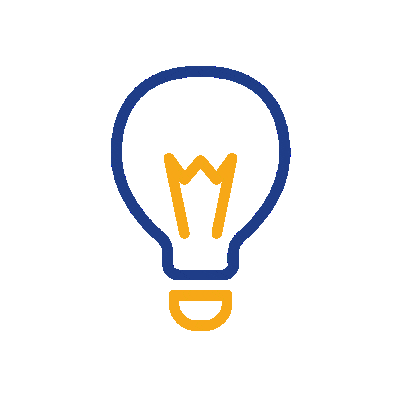 A simple line drawing of a light bulb with a blue outline and yellow filament, symbolizing an idea or creativity.