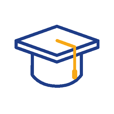 A simple blue outline of a graduation cap with a yellow tassel, depicted on a transparent background.