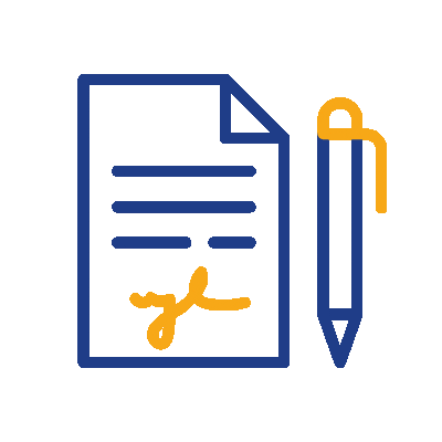 Icon of a blue document with writing lines and a yellow signature, next to a blue and yellow pen.