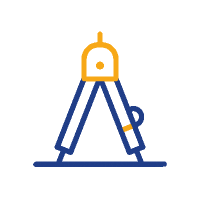 A simple line drawing of a geometric compass in blue and yellow, standing on a flat surface, used for drawing circles or measuring distances in technical drawing or mathematics.