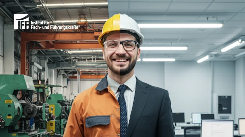 Ein Mann, zur Hälfte in schmutziger Arbeitskleidung und zur Hälfte im Anzug, steht zwischen Werkstatt und Büro – symbolisiert die Doppelkompetenz von Technischen Betriebswirten.