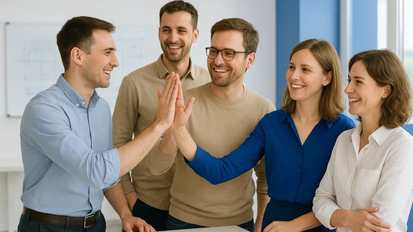 Eine Gruppe von fünf jungen Fachkräften in einem modernen, hellen Bildungsumfeld, die den Abschluss ihrer IHK-Industriemeisterprüfungen mit Lächeln, High-Fives und Glückwünschen feiern.