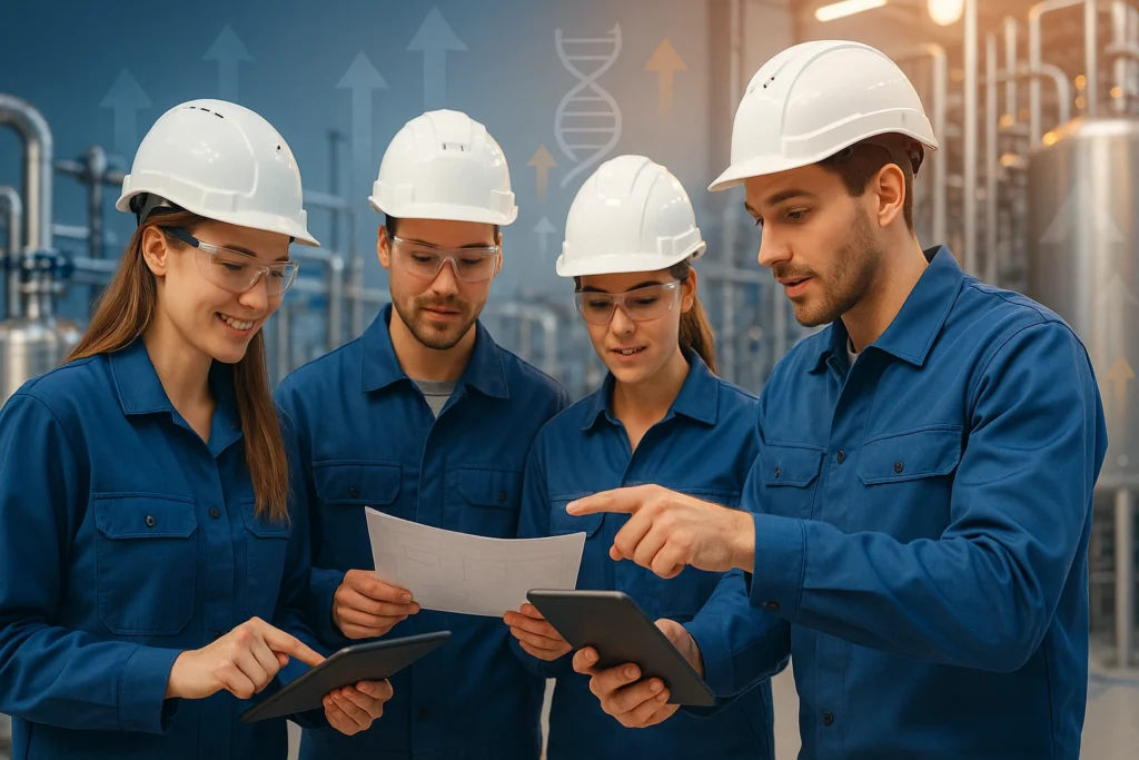 Gruppe von Industriefachkräften aus Chemiebranche und Pharmaziebranche im Austausch mit ihrer Teamführung, einem Industriemeister IHK.