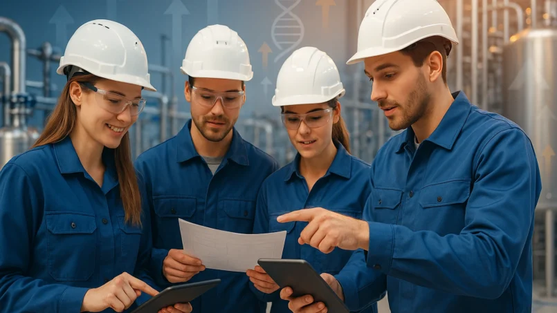Gruppe von Industriefachkräften aus Chemiebranche und Pharmaziebranche im Austausch mit ihrer Teamführung, einem Industriemeister IHK.