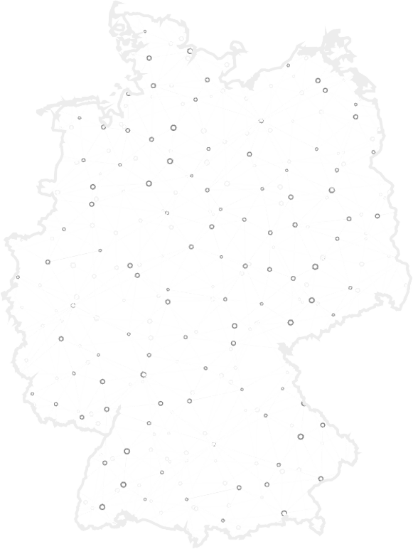 A faint, grayscale outline map of Germany, with small circles marking various locations across the country, subtly highlighting possible IFF Meisterschule sites. No labels, cities, or other geographic features are visible.