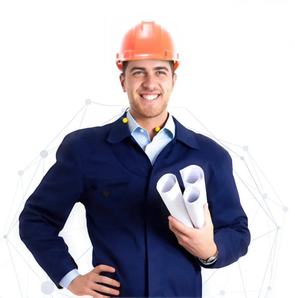 A smiling man wearing an orange safety helmet and navy blue work jacket holds rolled-up blueprints in one hand, standing against a white background with a faint geometric network design.