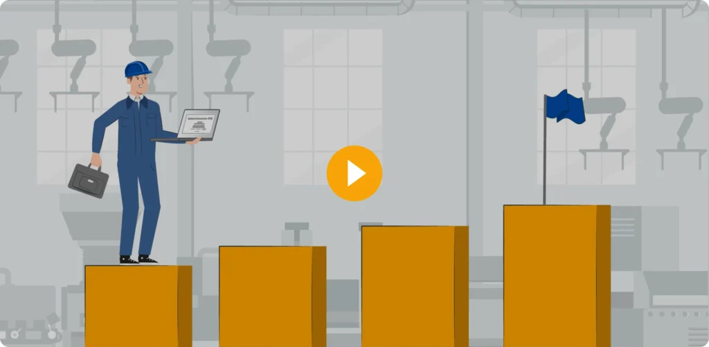 An illustrated worker in a blue uniform holds a laptop and briefcase, standing on the first of four ascending orange blocks, with a blue flag on the highest block in a factory setting. A play button is centered in the image.