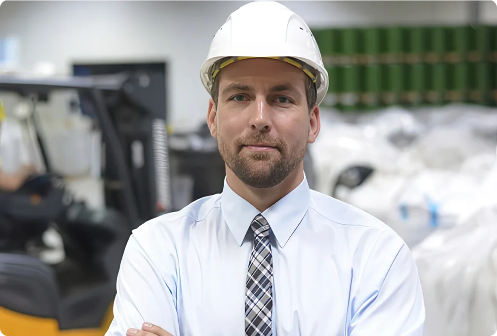 A man wearing a white hard hat and a dress shirt with a plaid tie stands with arms crossed in an industrial setting, with machinery and large bags in the background.