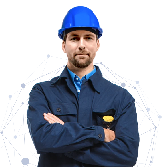 A construction worker wearing a blue hard hat and navy work jacket stands with arms crossed, looking forward. A yellow item is visible in the jacket pocket. The background features a geometric wireframe pattern.