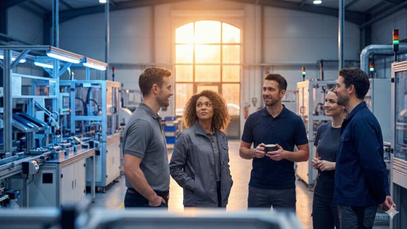 Five people stand together in a bright modern factory, talking and smiling. Industrial machines line the large space, and sunlight streams through a window in the background.