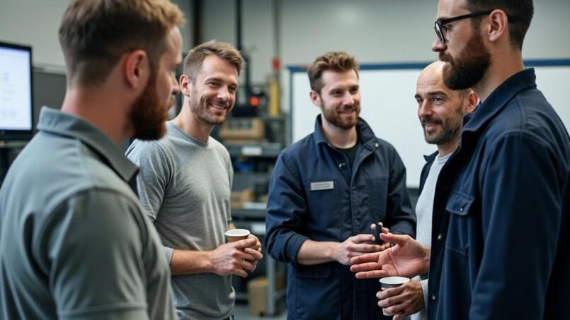 Five men stand together in a modern industrial workspace, conversing and smiling. Some hold coffee cups, and the atmosphere appears relaxed and friendly. Shelves and equipment are visible in the background.