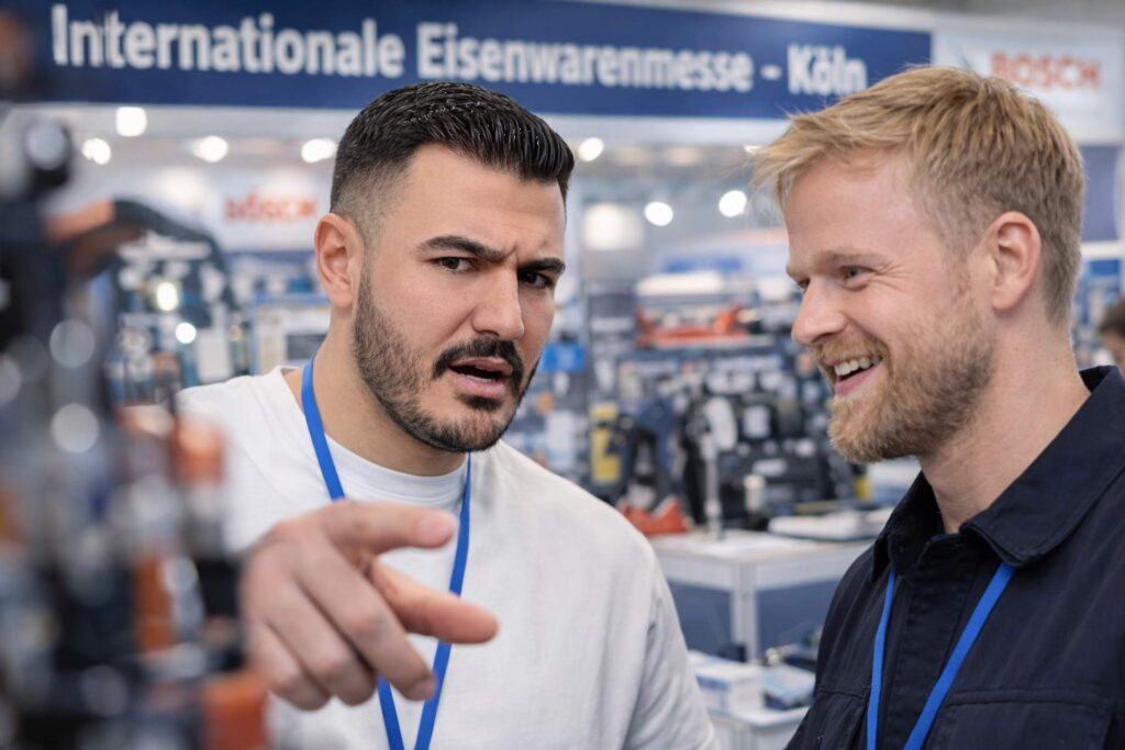 Two men with badges are talking and smiling at a trade show, with one man pointing toward the camera. They stand in front of a booth with a sign reading, Internationale Eisenwarenmesse – Köln.