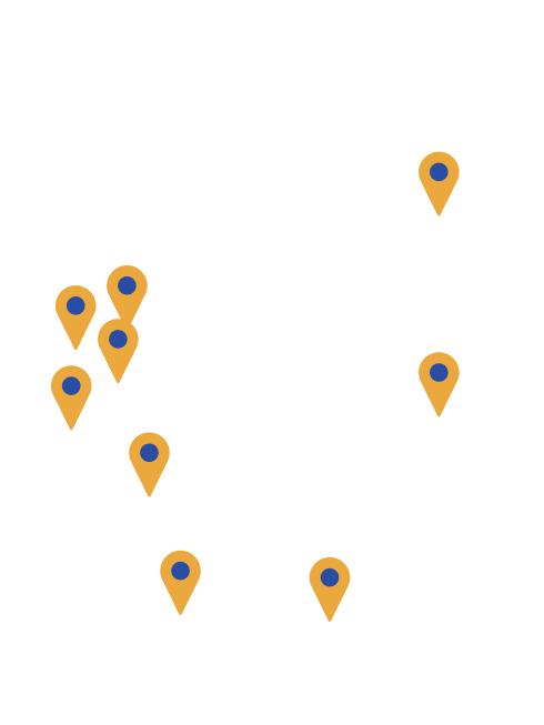 Map outline of Germany with eight orange map location pins distributed across the country, each with a blue dot in the center, indicating specific locations. The map background is light grey.
