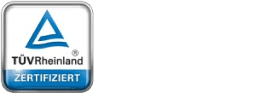 TÜV Rheinland certification logo featuring a blue triangular symbol above the words TÜV Rheinland and a blue box with ZERTIFIZIERT written inside. The background is white with faint text and a QR code on the right.