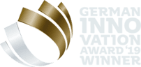 Golden and silver curved shapes next to the text German Innovation Award 19 Winner written in light gray.