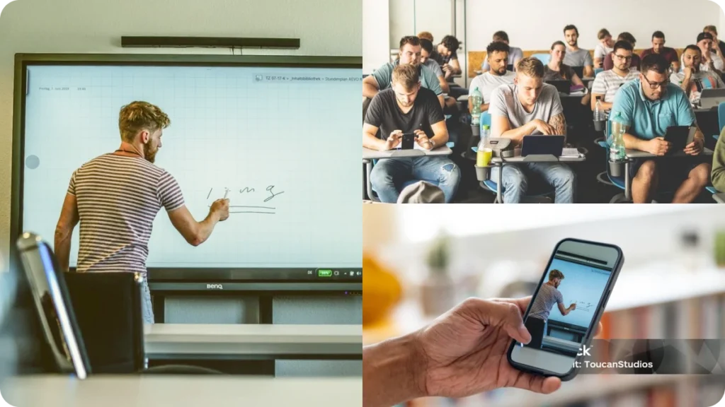Eine Collage zeigt einen Lehrer der IFF-Meisterschule, der auf einem digitalen Whiteboard schreibt, Schüler in einem Klassenzimmer, die Laptops und Tablets benutzen, und eine Nahaufnahme eines Smartphones, das den Unterricht streamt.